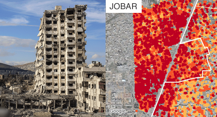 Cảnh Jobar nhìn từ dưới mặt đất và từ vệ tinh.