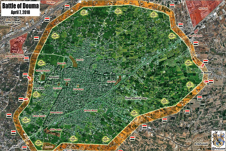 Trong ảnh là tình hình chiến sự ở Douma, Đông Ghouta tính tới ngày 7/4/2018 theo Spouth Frront. Ảnh: southfront.org.
