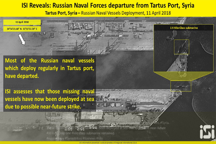 Trong ảnh là ảnh chụp vệ tinh căn cứ hải quân Tartus trong ngày 11/4, toàn bộ tàu chiến của Nga tại căn cứ này đều đã được rút đi và chỉ còn lại duy nhất một tàu ngầm tấn công Kilo ở lại. Nguồn ảnh: imagesatintl.