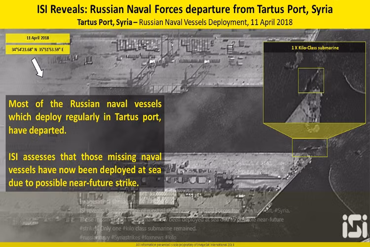 Trong ảnh là ảnh chụp vệ tinh căn cứ hải quân Tartus trong ngày 11/4, toàn bộ tàu chiến của Nga tại căn cứ này đều đã được rút đi và chỉ còn lại duy nhất một tàu ngầm tấn công Kilo ở lại. Nguồn ảnh: imagesatintl.