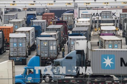 Vận chuyển hàng hóa tại cảng container ở Los Angeles, California (Mỹ). Ảnh: THX/TTXVN