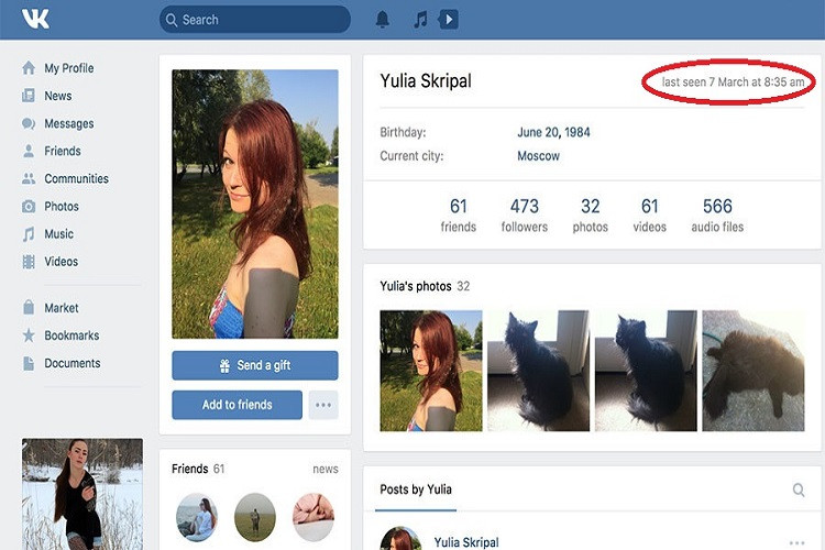 Dòng trạng thái cho thấy lần cuối trang cá nhân của Yulia được đăng nhập là 3 ngày sau vụ tấn công.