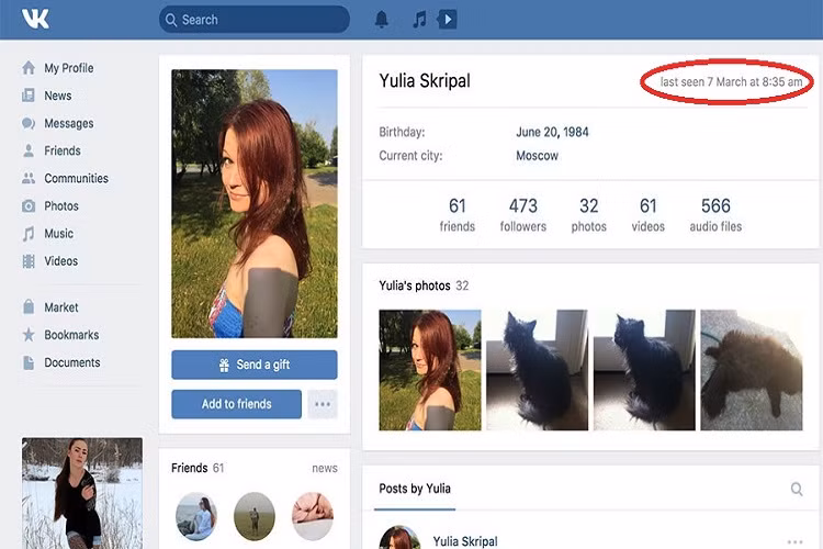 Dòng trạng thái cho thấy lần cuối trang cá nhân của Yulia được đăng nhập là 3 ngày sau vụ tấn công.
