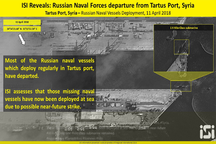 Và trong biên đội tàu trên của Hải quân Nga còn có cả hai tàu ngầm Kilo, mặc dù ở thời điểm đó có thông tin Hải quân Nga tập trận ở ngoài khơi Syria (trước vụ không kích 1/4) nhưng không ai có thể nghĩ rằng Nga tiến hành đánh chặn tàu ngầm hạt nhân Anh từ xa. Hình ảnh vệ tinh căn cứ Tartus trống trơn sau hôm 11/4. Nguồn ảnh: imagesatintl.