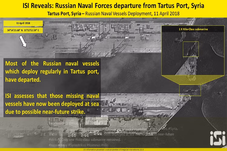 Và trong biên đội tàu trên của Hải quân Nga còn có cả hai tàu ngầm Kilo, mặc dù ở thời điểm đó có thông tin Hải quân Nga tập trận ở ngoài khơi Syria (trước vụ không kích 1/4) nhưng không ai có thể nghĩ rằng Nga tiến hành đánh chặn tàu ngầm hạt nhân Anh từ xa. Hình ảnh vệ tinh căn cứ Tartus trống trơn sau hôm 11/4. Nguồn ảnh: imagesatintl.