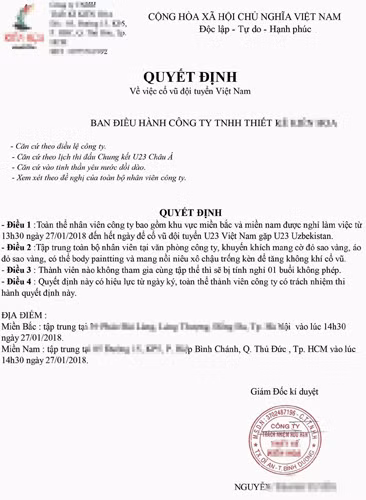 Quyết định của giám đốc công ty cho nhân viên nghỉ làm, mang theo nồi niêu xô chậu...cổ vũ đội U23 Việt Nam