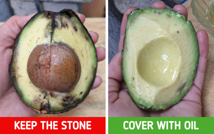 7. Bỏ qua cách bảo quản nửa quả bơ đúng cách: Bạn có thể phết một ít dầu ô liu lên phần nửa quả bơ còn lại và bảo quản trong hộp kín trong tủ lạnh.