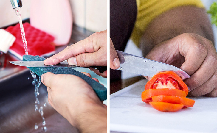 6. Sử dụng dao xỉn màu: Nó có thể dễ bị trượt và làm hỏng thịt, rau,...thậm chí làm bị thương ngón tay của bạn. Theo chuyên gia ẩm thực Mark Bittmanes, tốt nhất là bạn nên chuẩn bị một dụng cụ mài. 