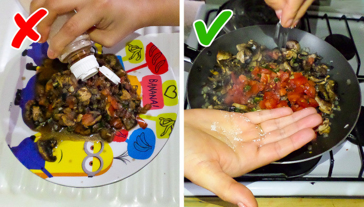 3. Ướp muối sau cùng và quá tay: Đây cũng là một sai lầm khi nấu ăn. Bạn cần thêm muối khi cho các nguyên liệu vào từng thời điểm để đảm bảo hương vị món ăn.