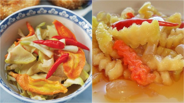 Dưa món cũng là món ăn lạ miệng của miền Trung, được chế biến từ sự kết hợp của các thành phần quen thuộc như cà rốt, đu đủ, dưa leo, củ cải, củ kiệu… với vị chua chua, ngọt giòn tự nhiên. Ảnh: ameovat.