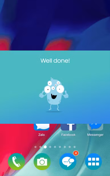 Sau khi bạn khoảng cách giữa mắt và màn hình của bạn thích hợp thì ứng dụng sẽ xuất hiện hộp thoại báo rằng "Làm tốt lắm" và chúng ta có thể tiếp tục sử dụng điện thoại khi hộp thoại này mất đi. Nguồn ảnh: TGDĐ, Phonena.