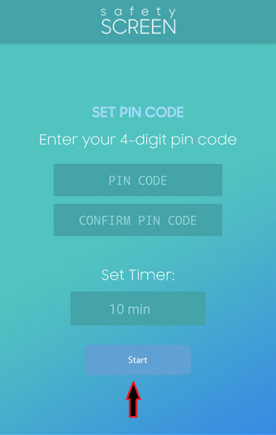 Ứng dụng sẽ yêu cầu bạn thiết lập một mã PIN (mật khẩu) gồm 4 kí tự, mục đích là ngăn ứng dụng bị tắt. Bạn cần nhập đầy đủ 2 ô Pin code và Confirm pin code. Thiết lập thời gian sử dụng của ứng dụng, ví dụ bạn đưa smartphone cho trẻ sử dụng trong 20 phút hãy nhập vào ô Set Timer thành 20 min rồi bấm nút Start để sử dụng phần mềm.