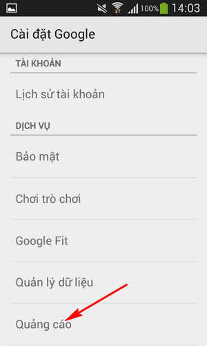 Sau đó click vào mục Quảng cáo... Ảnh: 9Mobi.