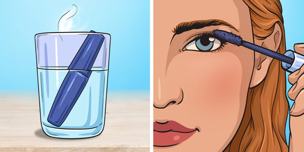 Tái chế mascara khô. Mascara lâu không dùng dễ bị khô, không thể sử dụng. Thay vì vứt bỏ, bạn nên ngâm chúng trong nước nóng vài phút để làm mềm. Chú ý, bạn không nên để phần lông chải của mascara tiếp xúc với nước, nên đóng kín như trong hình.