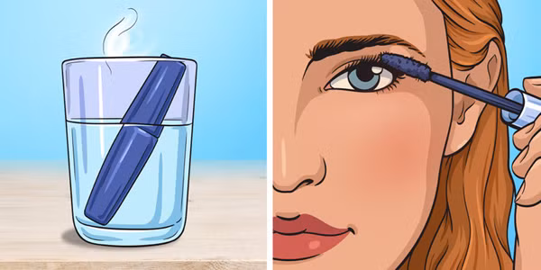 Tái chế mascara khô. Mascara lâu không dùng dễ bị khô, không thể sử dụng. Thay vì vứt bỏ, bạn nên ngâm chúng trong nước nóng vài phút để làm mềm. Chú ý, bạn không nên để phần lông chải của mascara tiếp xúc với nước, nên đóng kín như trong hình.