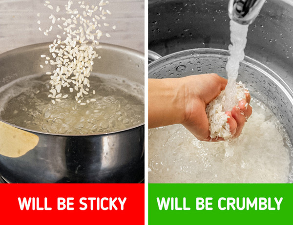 Không vo gạo trước khi nấu. Nhiều người nghĩ gạo sau khi xát sẽ không bám bẩn, giữ nguyên nấu sẽ giữ được tối đa dinh dưỡng. Vậy nhưng, không vo gạo sẽ khiến cơm dính nát không ngon. Nguyên nhân bởi lớp ngoài gạo chứa nhiều tinh bột. Nếu không làm sạch, nó sẽ trở thành lớp dính kết khiến cơm nát như cháo đặc.