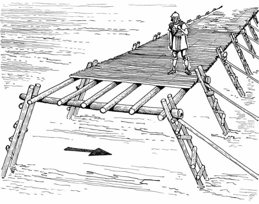 Theo sử sách, 40.000 binh lính La Mã xây dựng cây cầu gỗ bắc qua sông Rhine và hoàn thành sau 10 ngày. Theo đó, cây cầu có chiều dài từ 140 - 400m, chiều rộng từ 7 - 9m. Caesar cũng cho xây các tháp canh hai bên bờ để bảo vệ cửa ngõ Gaul.