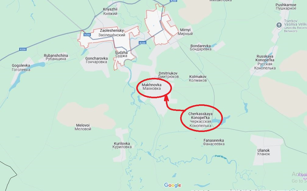 Kênh Military Review đưa tin, các đơn vị của RFAF tiếp tục tiến về Sudzha từ sườn phía đông; sau khi chiếm được làng Cherkasskaya Konopelka, quân Nga đã phát huy chiến quả, chọc thủng trận địa phòng ngự của AFU và tiến vào làng Makhnovka.