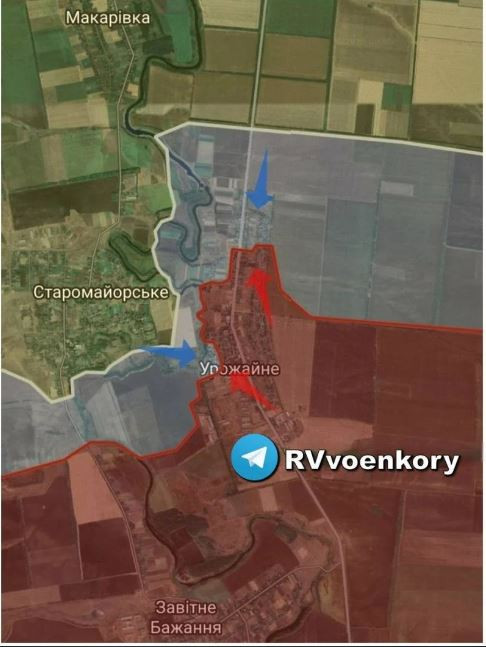 Tại khu vực mỏm đá Vremevsky ở “ngã ba” giữa tỉnh Donetsk và Zaporozhye, tại đây có các đơn vị thuộc Sư đoàn Vostok của Nga phòng thủ. Theo thông tin mới nhất của phóng viên chiến trường Nga, Quân đội Ukraine đã tấn công các vị trí của Nga tại làng Urozhaynoye thuộc Donetsk, sử dụng cả tên lửa hành trình Storm Shadow.