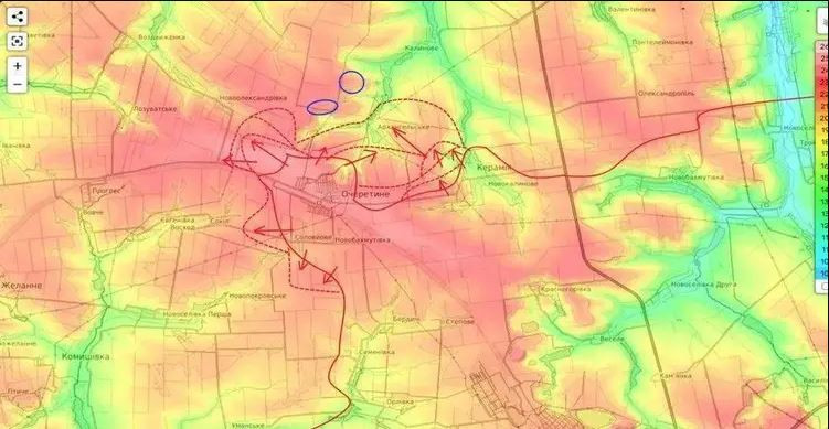 Tuy nhiên, quân Nga áp dụng chiến thuật thọc sâu vào Ocheretine, mạo hiểm tấn công trực tiếp vào trung tâm phòng ngự của quân Ukraine tại phía tây bắc thành phố Avdiivka. Sư đoàn bộ binh cơ giới cận vệ số 27 thuộc Tập đoàn quân tổng hợp số 41 thuộc Quân khu trung tâm của Nga đã phát động cuộc tấn công mạo hiểm dài tới 8 km. 