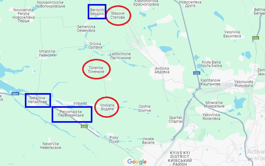 Theo Rybar, Quân đội Nga đang cố gắng đánh chiếm các cứ điểm bảo vệ vòng ngoài nằm ở phía tây Avdiivka, bao gồm các làng Sjeverne và Tonen'ke, thực hiện xiết vòng vây từ hướng nam. Kết hợp với hướng bắc từ làng Stepove đánh sang làng Berdychi. 