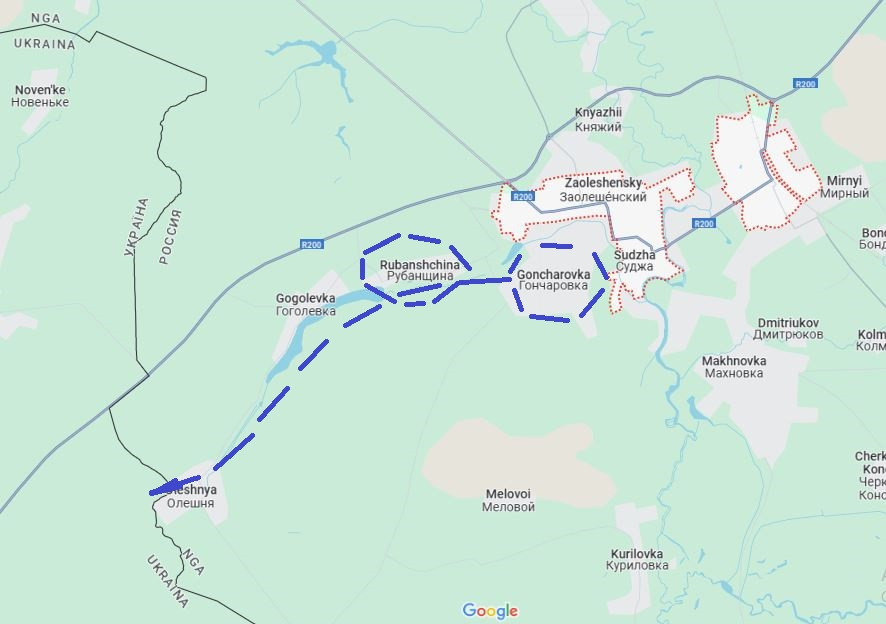 Trước đó vào ngày 13/3, RFAF đang tiến nhanh về phía tây nam đường cao tốc R200, nhằm mục đích cắt đứt đường rút của quân Ukraine ở phía tây Sudzha. Một số tàn quân AFU ở Goncharovka không dám chạy trốn theo đường cao tốc phía tây nam, mà chọn chạy đến làng Rubanshchina, rồi từ đó rút về Sumy, men theo vành đai rừng dọc theo sông Oleshnya. 