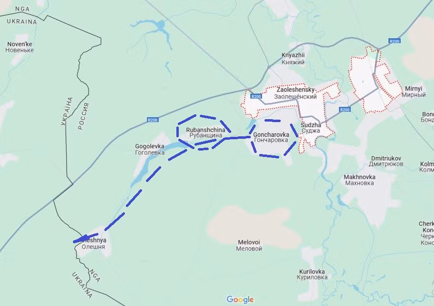 Trước đó vào ngày 13/3, RFAF đang tiến nhanh về phía tây nam đường cao tốc R200, nhằm mục đích cắt đứt đường rút của quân Ukraine ở phía tây Sudzha. Một số tàn quân AFU ở Goncharovka không dám chạy trốn theo đường cao tốc phía tây nam, mà chọn chạy đến làng Rubanshchina, rồi từ đó rút về Sumy, men theo vành đai rừng dọc theo sông Oleshnya. 
