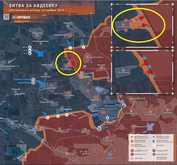 Trong 24 giờ qua, các trận đánh ác liệt nhất là việc giành quyền kiểm soát sườn phía tây bắc trong khu vực làng Stepovoe (khoanh màu vàng). Trong những ngày gần đây, các nguồn tin của Nga thường xuyên đưa tin, Quân đội Nga đã nắm quyền kiểm soát gần như hoàn toàn ngôi làng này. Tuy nhiên quân đội Ukraine cũng liên tiếp tổ chức phản công. 