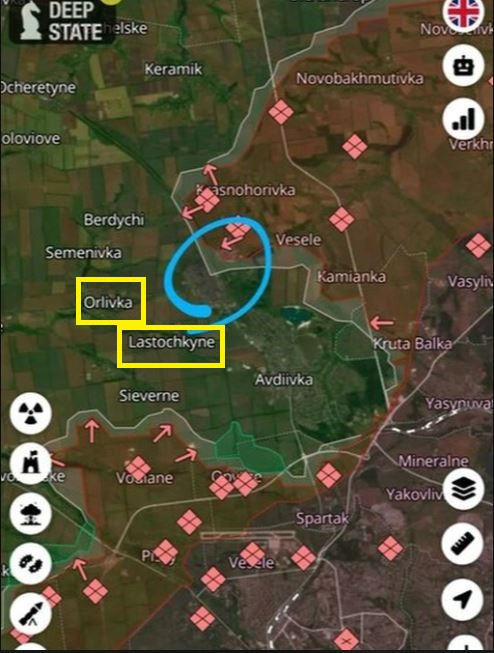 Hiện nay có hai ngôi làng được coi là “yết hầu” của Avdeevka là làng Orlivka và Lastochkino (cách Avdeevka 6 km). Trong các cuộc đấu pháo không ngừng nghỉ, cả hai ngôi làng gần như vắng tanh; quân đội Ukraine đã biến nơi nơi thành cứ điểm phòng ngự kiên cố. Nếu để mất hai làng này, “nồi hầm” Avdeevka chính thức bị đóng sập. 