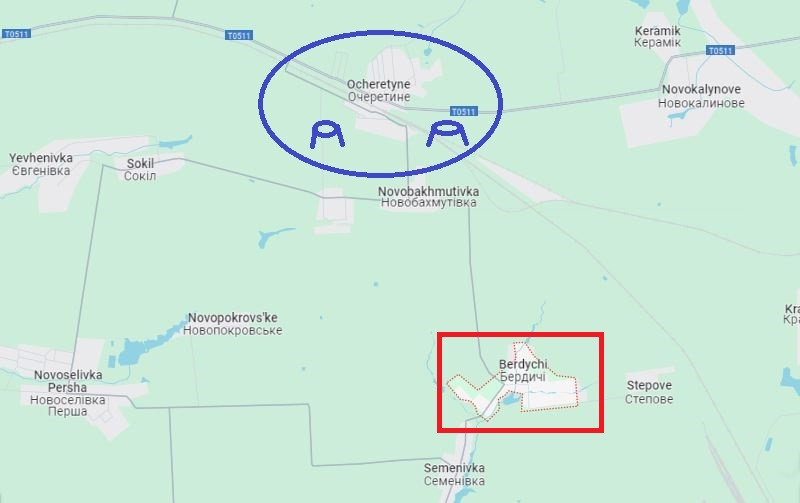 Sở dĩ quân Ukraine còn trụ được ở phía bắc làng Berdychi, không phải vì thế trận của họ mạnh đến mức quân Nga không thể đột phá, mà mấu chốt là việc chi viện của cụm pháo của quân Ukraine từ cứ điểm Ocheretino, nằm ở phía tây bắc làng Berdychi.