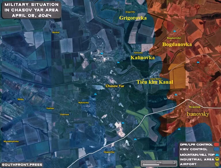  Quân Nga tiếp tục tiến về Chasov Yar từ hai phía cùng một lúc. Ở phía bắc của tiểu khu "Canal", hướng tấn công của quân Nga từ làng Bogdanovka về phía làng Kalinovka, đồng thời chiếm các điểm cao có giá trị chiến thuật. Tính đến ngày 8/4, các mũi xung kích của quân Nga đã tiến tới vùng ven làng Grigorovka, nằm ở phía bắc và cách Chasov Yar 9 km.