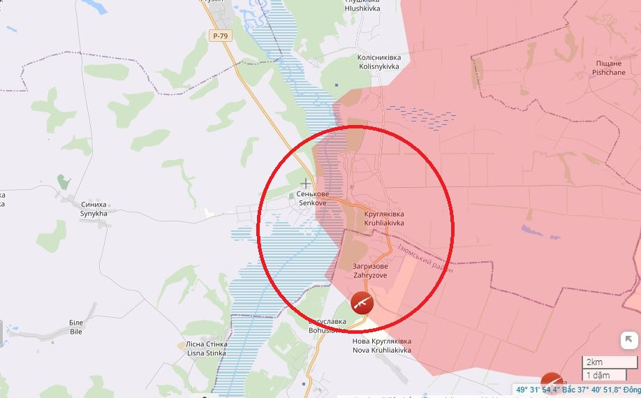 Đặc biệt tại khu vực Zahryzove, RFAF đã kiểm soát được một vùng nhô ra và tiến đến bờ đông sông Oskil và thiết lập đầu cầu, vượt sang bờ tây. Đến thời điểm này, chiến thuật bao vây “gọng kìm” quen thuộc của quân đội Nga đã dần thành hình ở Kupyansk.