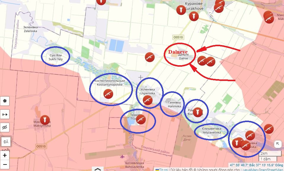 Trong khi đó, Cụm Vostok của Nga cũng tích cực tấn công quân Ukraine ở tuyến phòng thủ dọc sông Sukhi Yaly, họ đã chiếm được làng Antonivka, giương cao lá cờ ở phía nam Kurakhove. Tình trạng của quân Ukraine ở làng Katerynivka, nằm giữa Antonivka và Ilyinka, hiện vẫn chưa rõ ràng; có khả năng quân Ukraine cũng đã rút khỏi ngôi làng này.