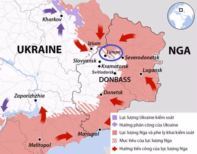 Vào ngày 28/5, Quân đội Nga đã chiếm được thị trấn Lyman, một địa điểm chiến lược tại bắc Donetsk và tạo ra một bước đột phá lớn; trong khi Quân đội Ukraine phòng ngự trong khu vực, dường như đã bắt đầu dao động trên diện rộng.