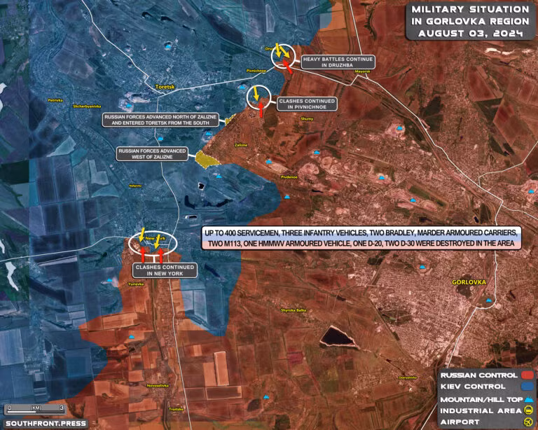 Ngày 30/7, tại mặt trận Toretsk, hàng chục nghìn quân Nga và Ukraine đang giao tranh ác liệt. Hiện tại, Quân đội Ukraine đang phải đối mặt với một cuộc tấn công quy mô lớn, với sức mạnh vượt trội của quân Nga và một hệ quả tất yếu là tuyến phòng thủ dần bắt đầu có dấu hiệu sụp đổ.