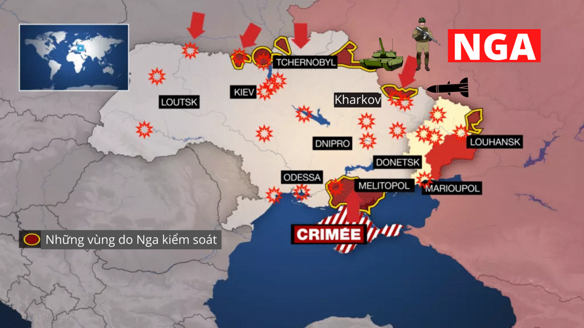 Lực lượng tấn công chủ lực của Nga đang tiến về Kiev đã bị mắc kẹt trên một con đường phía bắc thủ đô, khiến nhiều đoàn xe thiết giáp kéo dài hàng dặm. Về phía nam, Nga đã đạt được nhiều bước tiến quan trọng hơn dọc theo bờ Biển Đen và Biển Azov.