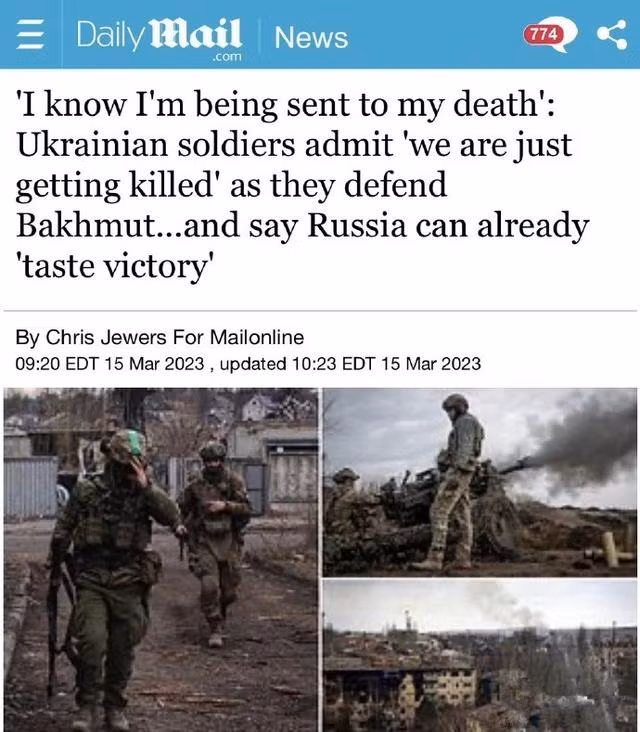 Tờ "Daily Mail" của Anh đưa tin: Quân đội Nga đã sử dụng các “tù nhân” để phát động một cuộc tấn công theo kiểu “chiến thuật biển người”, và những người xông lên bị ngã xuống “như cỏ bị cắt” trong cơn mưa đạn súng máy của Ukraine. Nhưng Quân đội Ukraine cũng kiệt sức và đối mặt với nguy cơ bị tiêu diệt.