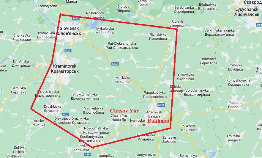 Đặc biệt là tuyến Chasov Yar – Slavyansk – Kramatorsk – Drusskovka – Konstantinovka -Siversk ở xung quanh Bakhmut; ở những nơi này, Quân đội Ukraine đã tập kết một số lượng lớn binh lính, vũ khí và lực lượng dự bị.