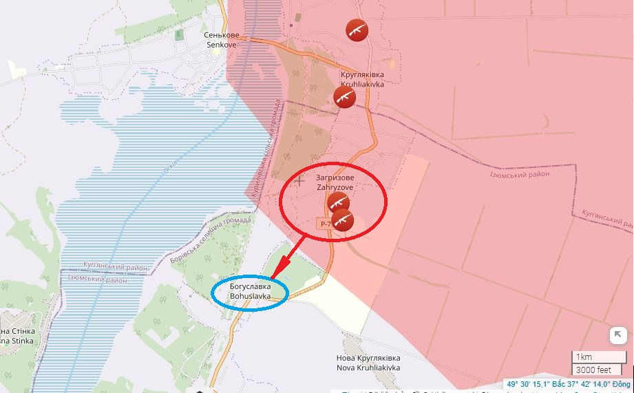 Đầu tiên, RFAF bắt đầu tiến về thành phố Lyman từ phía bắc. Vào ngày 15/3, quân Nga bắt đầu tấn công về phía nam dọc theo thung lũng sông Oskol, dựa vào đầu cầu Zahryzove, nơi đã bị RFAF chiếm giữ một thời gian trước; đột nhập vào làng Bohuslavka và chiếm các vị trí của quân Ukraine ở phía bắc làng.