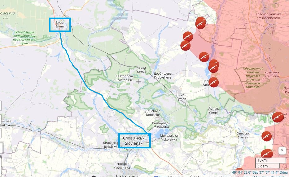 Nếu quân đội Nga có thể hoàn tất việc kiểm soát đáng kể tuyến vận tải Izyum-Slavyansk trước khi mùa hè đến, họ có thể quyết định hướng đi cuối cùng của cuộc chiến ở Donbass. (nguồn ảnh Topwar, Ukrinform, TASS).