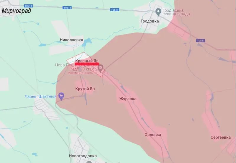 Hiện tại, mũi xung kích của Nga đang ở làng Krasny Yar, nằm ở phía đông nam thành phố Pokrovsk. Bây giờ khu vực đông dân cư duy nhất trên đường đến Mirnograd từ hướng này là làng Nikolaevka. Hiện quân Nga còn khoảng 4 km nữa mới đến ngoại ô phía đông nam thị trấn Mirnograd và khoảng 8 km đến Pokrovsk.