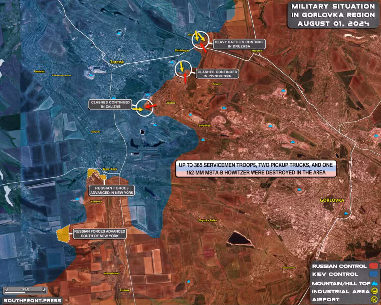 Một hướng tiến công ẩn chứa nhiều bất ngờ đó là hướng thành phố Toretsk, nơi quân Nga đang tiếp cận các làng Zheleznoye và Severnoye, nơi chỉ cách trung tâm thành phố Toretsk 2 km. Hiện quân Nga vượt qua kênh đào Severski Donets - Donbass và chiếm các vị trí phòng thủ của quân Ukraine ở phía bờ Tây con kênh đào này.