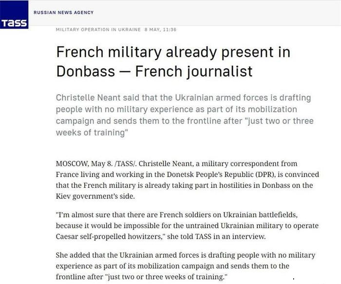 Christelle Neant nói trong cuộc phỏng vấn với hãng tin TASS của Nga hôm 8/5 rằng: "Tôi gần như chắc chắn có lính Pháp trên chiến trường Ukraine. Nếu không, Quân đội Ukraine chưa qua huấn luyện sẽ không thể sử dụng pháo tự hành Caesar".
