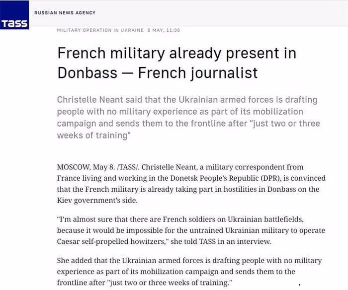 Christelle Neant nói trong cuộc phỏng vấn với hãng tin TASS của Nga hôm 8/5 rằng: "Tôi gần như chắc chắn có lính Pháp trên chiến trường Ukraine. Nếu không, Quân đội Ukraine chưa qua huấn luyện sẽ không thể sử dụng pháo tự hành Caesar".