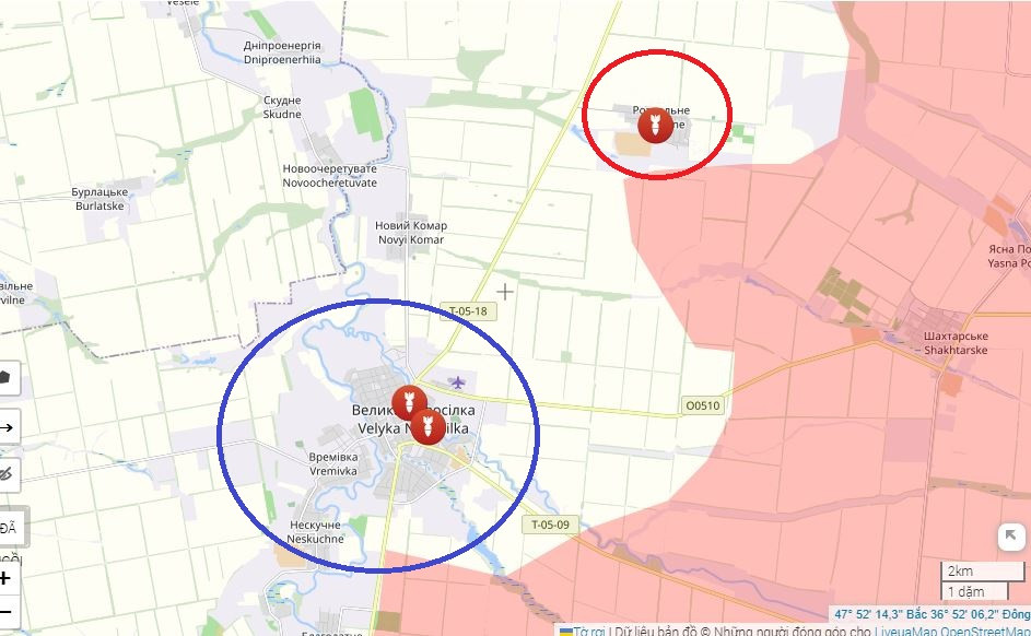 Phối hợp với lực lượng tiến công ở phía khu vực Kurakhove, quân Nga đã tiếp cận làng Razdolnoye, nằm trên đường T-0518, gần thị trấn chiến lược Velikaya Novoselka. Ở phía tây Shakhterskoye, các vành đai rừng đang được quân Nga dọn sạch.