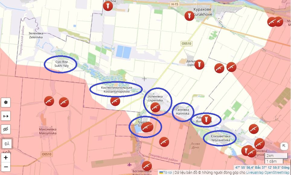 Các trận đánh cũng đang diễn ra nhằm giành các ngôi làng Trudovoye, Sukhye Yala và Konstantinople ở khu vực phía nam của Kurakhove, nằm dọc theo sông Sukhi Yaly. Hiện quân Nga đã tiếp cận làng Razliv, nằm gần đường cao tốc N-15 và cách Kurakhove 20 km; đây cũng là con đường tiếp tế chính cho Lực lượng Vũ trang Ukraina đồn trú ở thành phố Kurakhove.