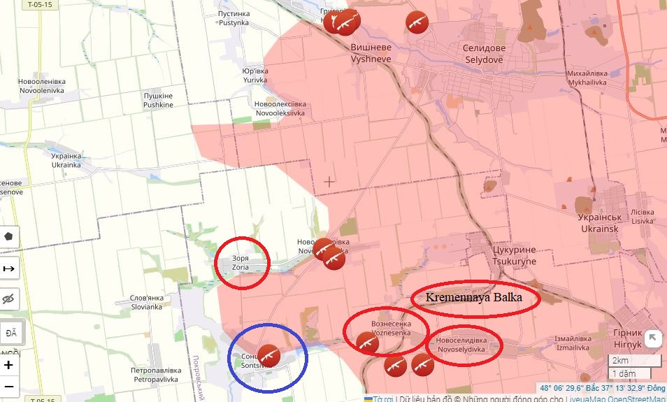 Cho đến nay, tại khu vực mặt trận này, ngoài Novoselidivka đã đề cập, thì các ngôi làng Kremennaya Balka và Voznesenka đều nằm dưới sự kiểm soát của Quân đội Nga. Ở phía tây khu vực, quân Ukraine đang cố gắng giữ vững ngôi làng Sontsivka.