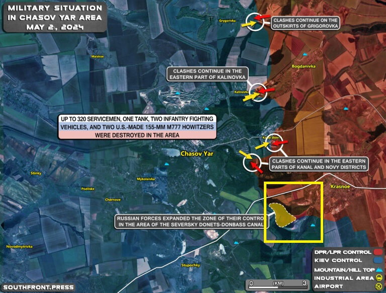Theo kênh quân sự Rybar trên mạng xã hội Telegram, ngoài cuộc tấn công vào các tòa nhà cao tầng tại tiểu khu Kanal và Novy, quân Nga còn đang đánh mạnh vào làng Kleshchiivka (khoanh ô vuông màu vàng trên ảnh), nằm ở phía đông nam Chasov Yar. Các trận đánh giành ngôi làng này đã diễn ra kể từ mùa hè năm ngoái và nó được xếp vào trong “vùng xám”. 