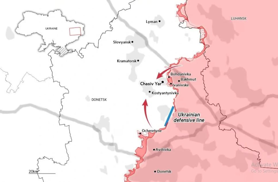 Chasov Yar có vị trí đặc biệt quan trọng trong tuyến phòng thủ vòng cung Donetsk, nếu Chasov Yar thất thủ, thành phố Konstantinovka nằm liền kề, sẽ nằm trong tầm pháo của Quân đội Nga. Đồng thời mở tung cánh cửa cho quân Nga tiến vào những thành phố còn lại của tỉnh Donetsk, như Konstantinovka, Druzhkivka, đặc biệt là hai thành phố “song sinh” Slavyansk và Kramatorsk. (Nguồn ảnh: Topwar, Liveuamap, Ukrinform, Blind).