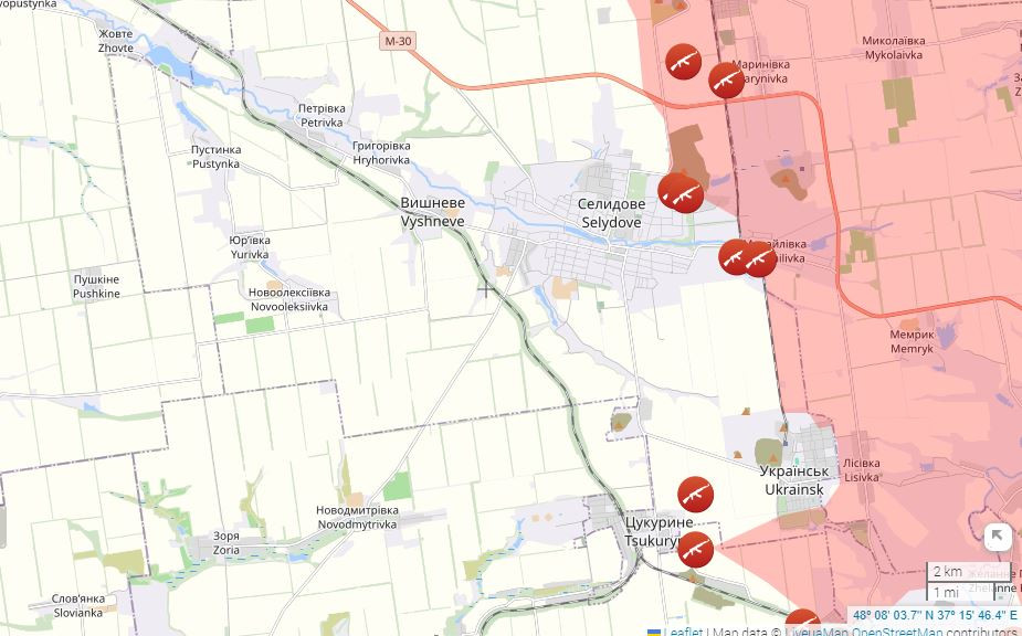 Khi trận chiến diễn Pokrovsk càng ác liệt, thì vòng vây của Selydove dần hình thành. Quân đội Ukraine ở Selydove đã tăng cường phòng thủ trong khu vực và tổ chức phản công. Tuy nhiên, Quân đội Nga mở cuộc tấn công ở phía nam, nhắm vào khu vực khai thác mỏ Skaya.